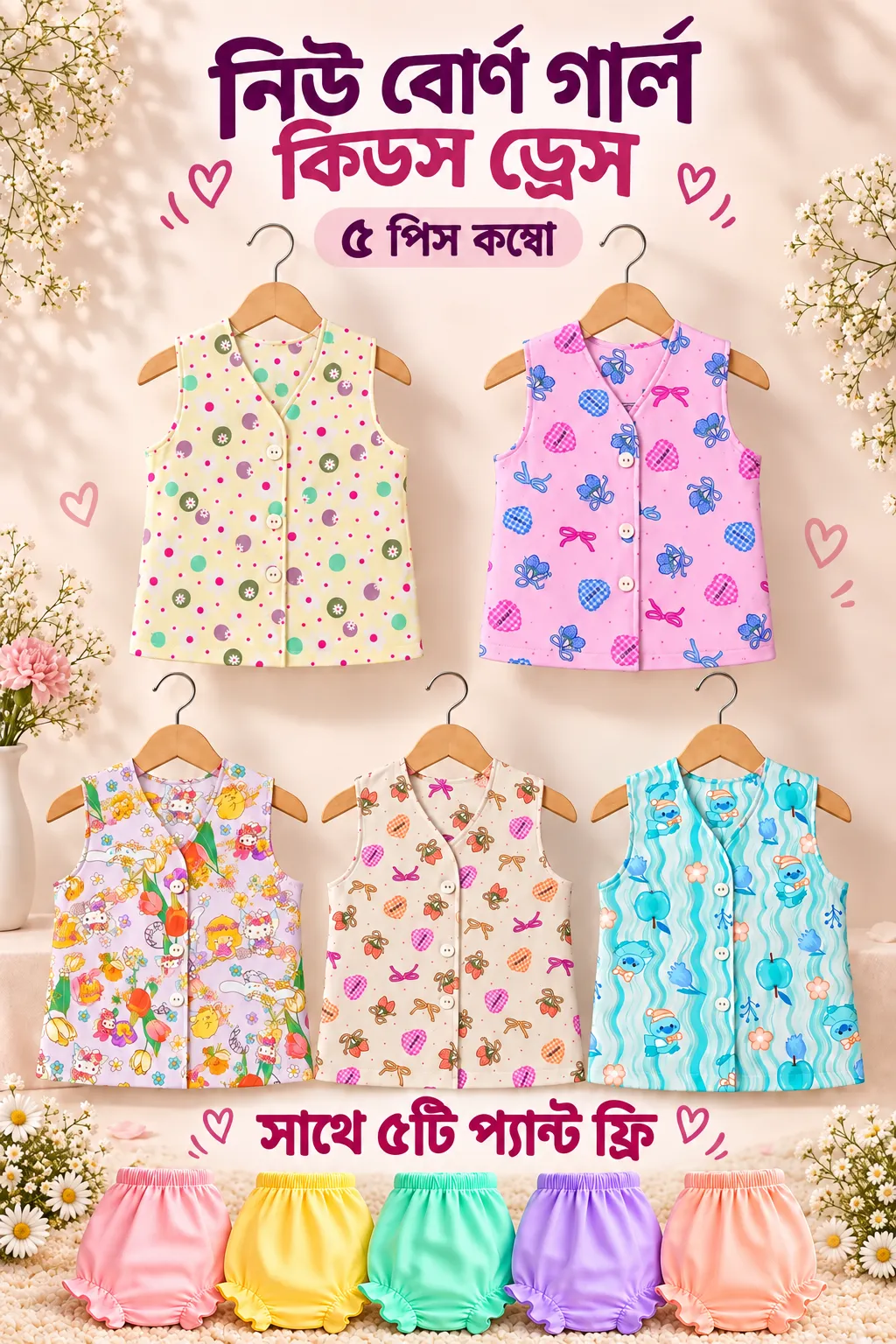 Newborn Girl Kids Dress 5 Pcs Combo MKNBDC-953
